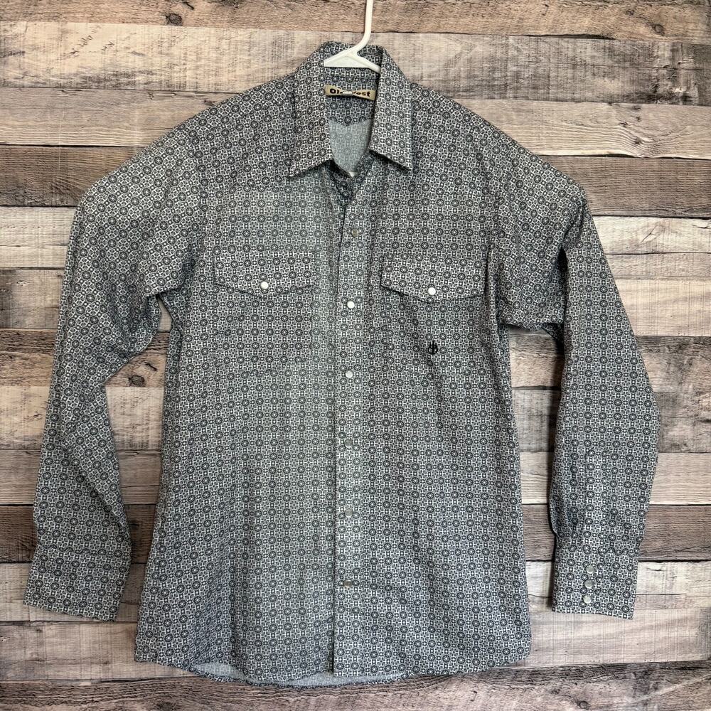 Old West Pearl Snap Western Shirt Mens Small Geometric Medallion Blue White